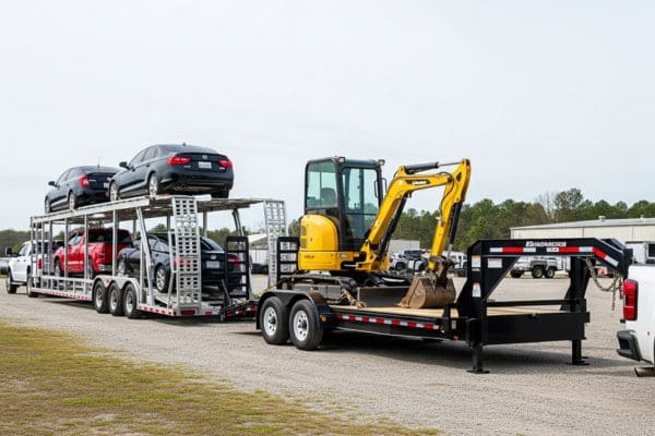 This image is about the difference between car haulers and equipment trailers