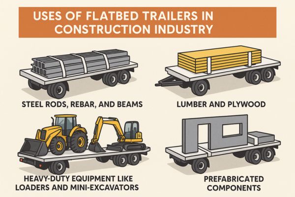 This image is about the uses of flatbed trailers in construction industries