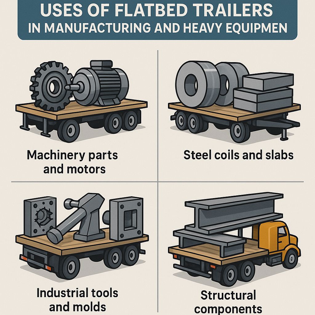 This image is about the uses of flatbed trailers in manufacturing industries