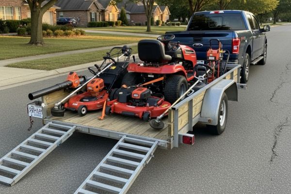 This is an image of a utility trailer uses that is being used for transporting lawn equipments