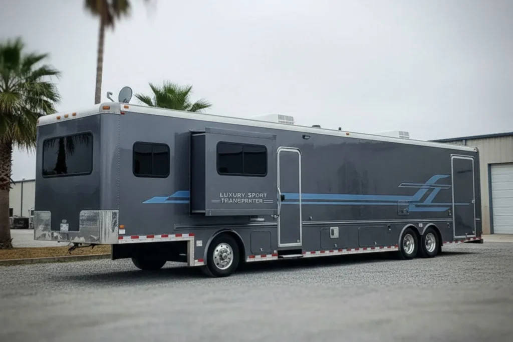 This is an image of living quarter enclosed cat hauler